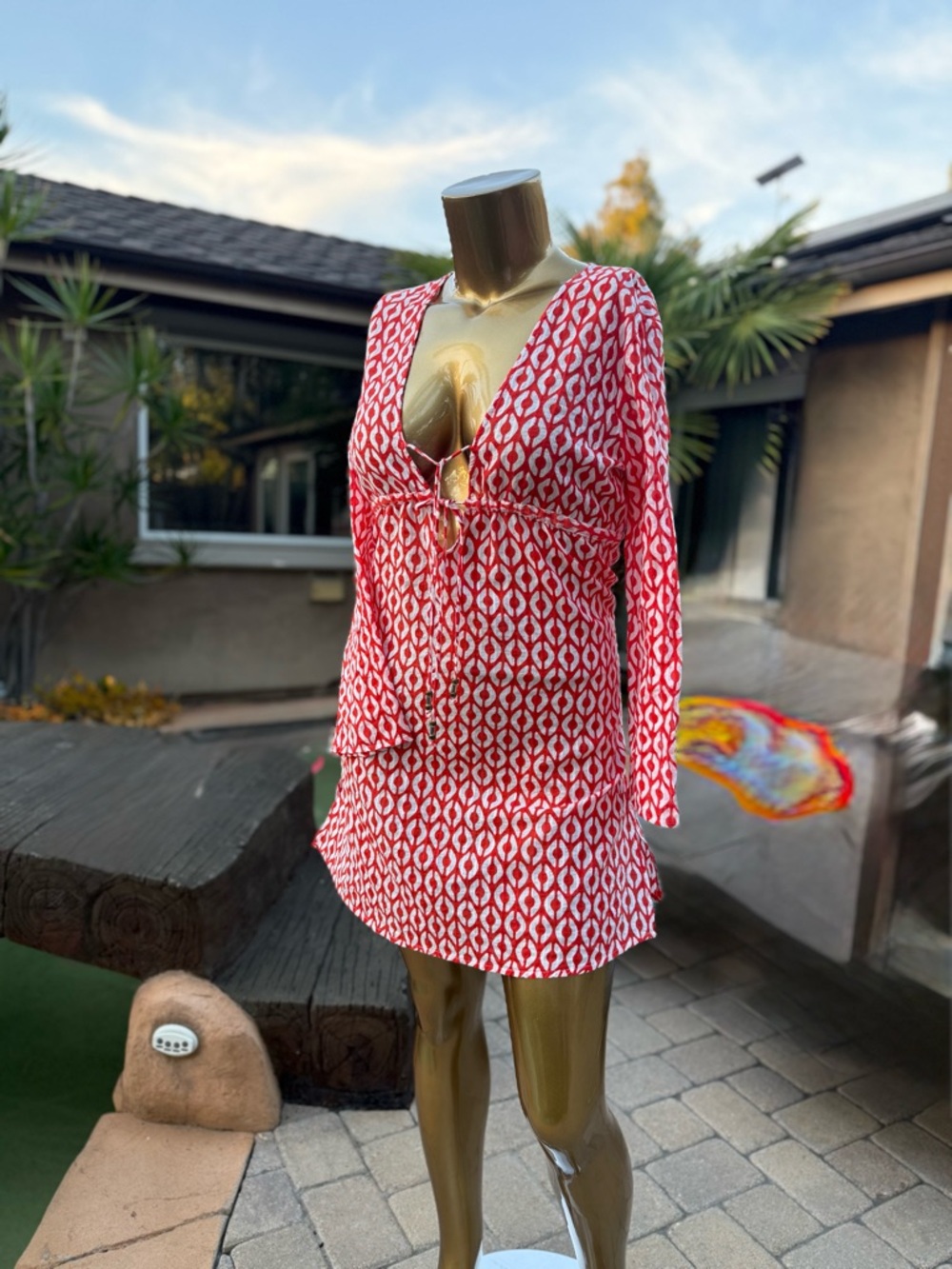 Echo~Red Patterned Swim Cover-Up Dress